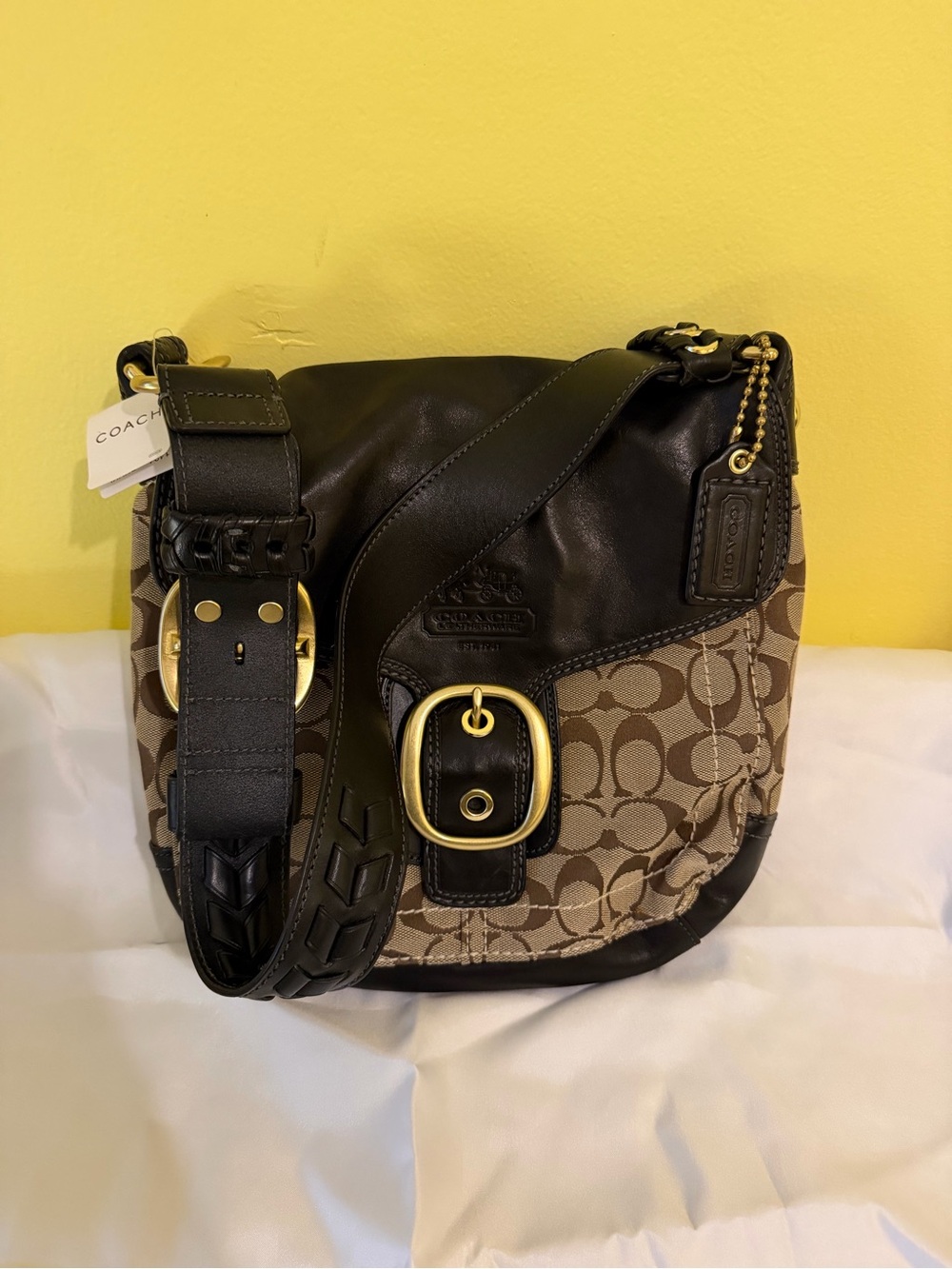 Coach Brown Signature Canvas Shoulder Bag with Black Leather Trim
